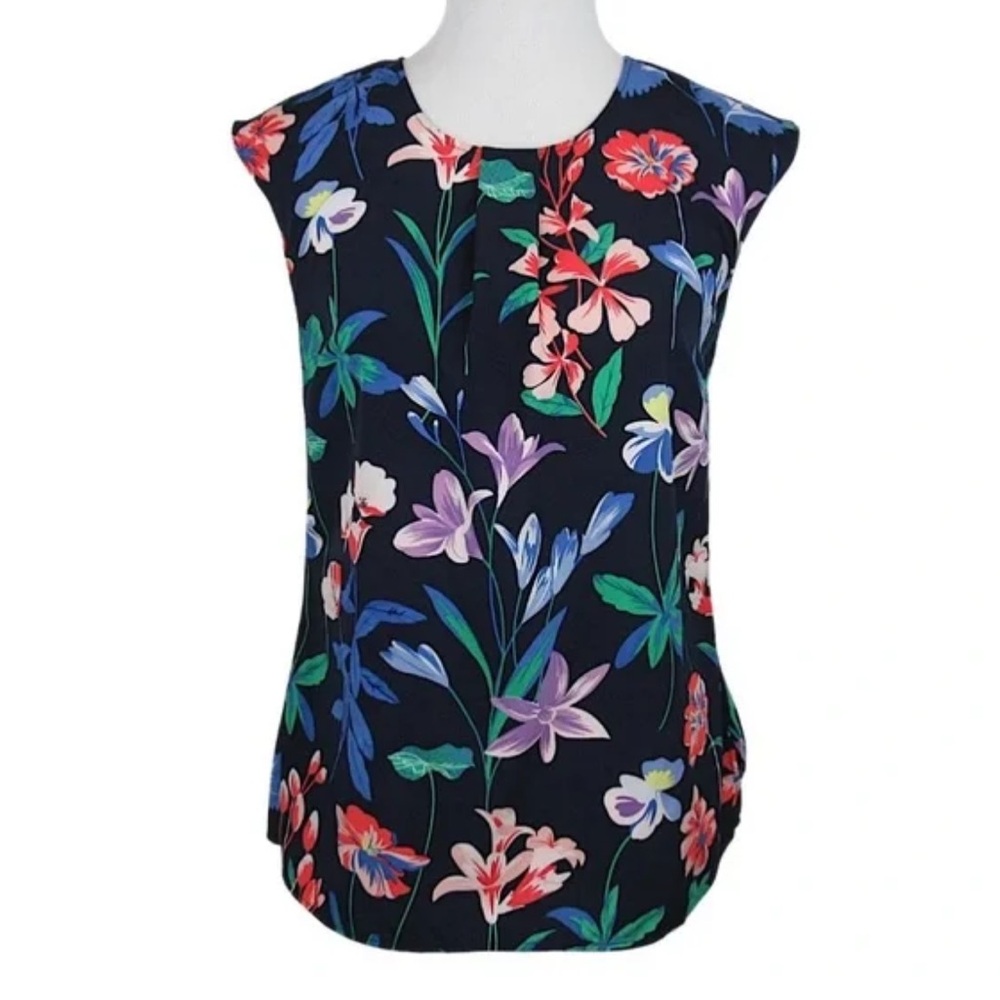 Talbots Spring Floral Back Button Down Blouse Navy Blue Multicolor Size 10